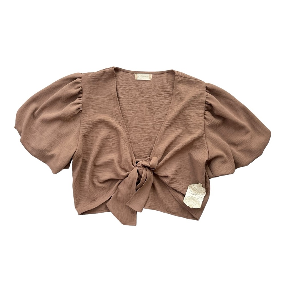 Altar’d State Womens Sz Large Mocha Tan Short Puff Sleeve Korly Tie Front Blouse